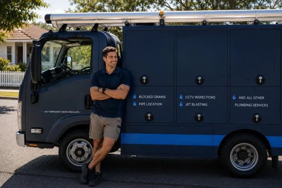 Plumber standing beside a service van in Kogarah