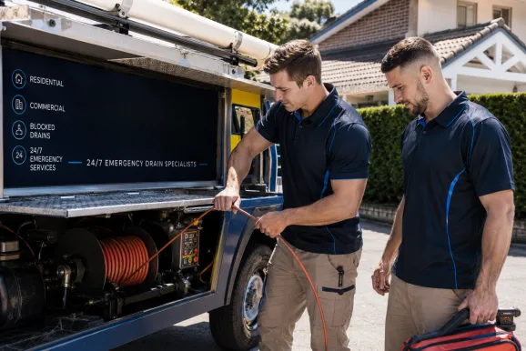 Two plumbers working on a blocked drain in Kogarah