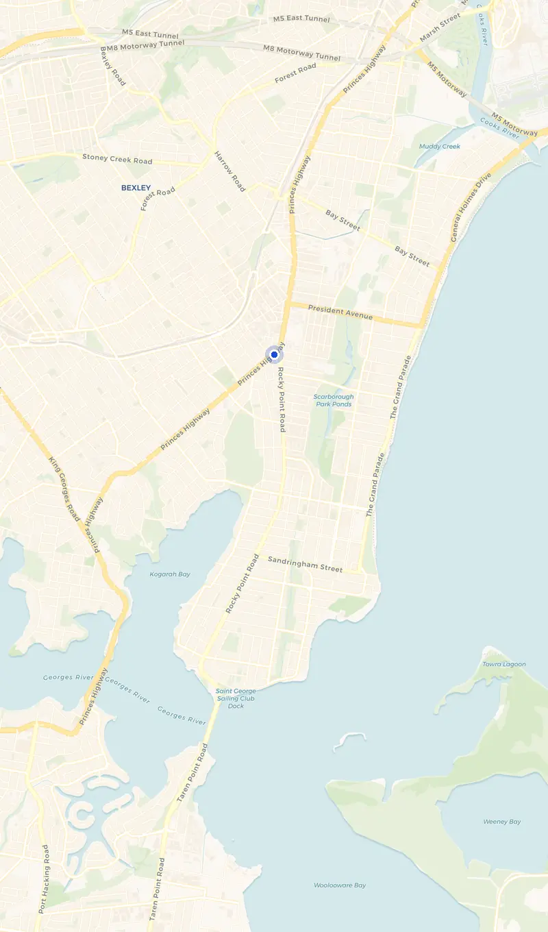 Map of the Kogarah service area and the surrounding suburbs we cover.