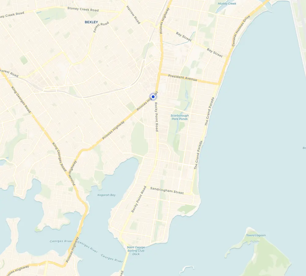 Map of the Kogarah service area and the surrounding St George, showing Kogarah and the nearby streets we cover.