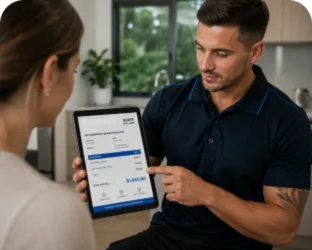 Plumber showing a Kogarah customer the quote on a tablet