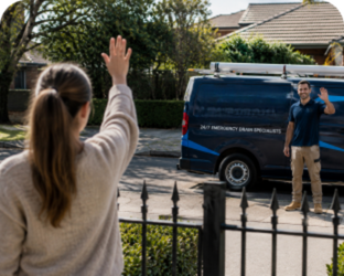 Customer waving goodbye to a Kogarah Blocked Drains plumber